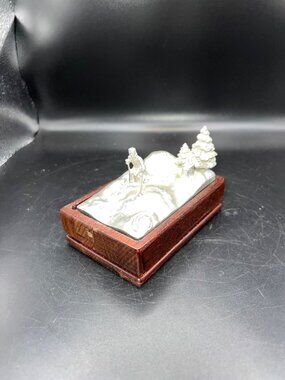 Kirk Stieff Pewter Snow Skier Trinket Box Wooden Base Vintage Winter intricate